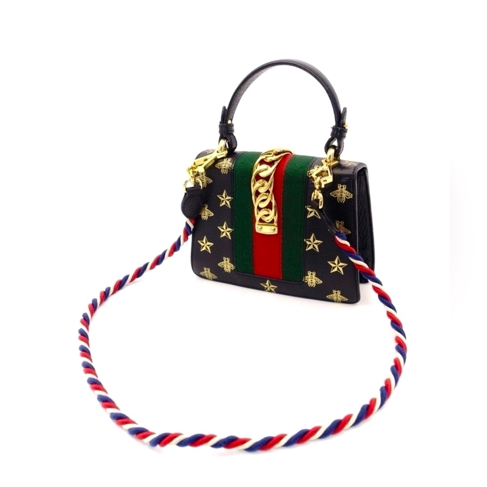Gucci Sylvie Black and Gold Bee Stars Bag with Braided Strap 2-Way Handles - Picture 11 of 11